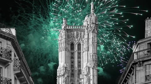 Fireworks over the Saint-Jacques Tower (Tour Saint-Jacques). Paris, France Stock Footage 252640099