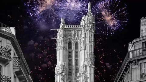 Fireworks over the Saint-Jacques Tower (Tour Saint-Jacques). Paris, France Stock Footage 252640107