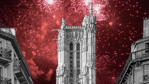 Fireworks over the Saint-Jacques Tower (Tour Saint-Jacques). Paris, France Stock Footage 252640115