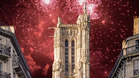 Fireworks over the Saint-Jacques Tower (Tour Saint-Jacques). Paris, France Stock Footage 252640207