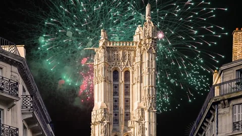 Fireworks over the Saint-Jacques Tower (Tour Saint-Jacques). Paris, France Stock Footage 252640215