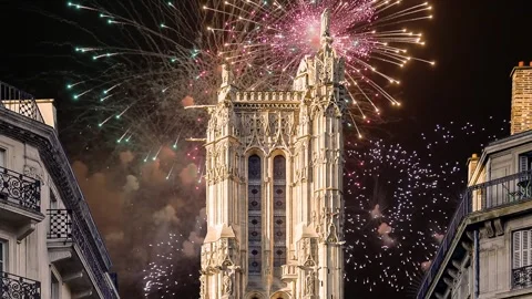 Fireworks over the Saint-Jacques Tower (Tour Saint-Jacques). Paris, France Stock Footage 252640239