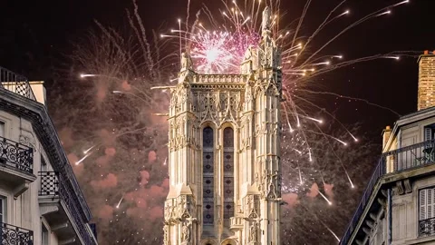 Fireworks over the Saint-Jacques Tower (Tour Saint-Jacques). Paris, France Stock Footage 252640252