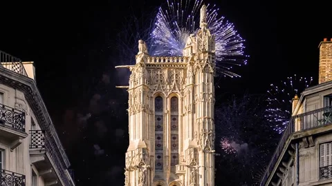 Fireworks over the Saint-Jacques Tower (Tour Saint-Jacques). Paris, France Stock Footage 252640271
