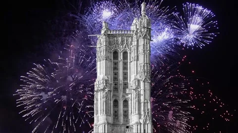 Fireworks over the Saint-Jacques Tower (Tour Saint-Jacques). Paris, France Stock Footage 252640352