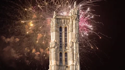 Fireworks over the Saint-Jacques Tower (Tour Saint-Jacques). Paris, France Stock Footage 252640394