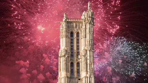 Fireworks over the Saint-Jacques Tower (Tour Saint-Jacques). Paris, France Stock Footage 252640456