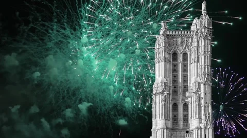 Fireworks over the Saint-Jacques Tower (Tour Saint-Jacques). Paris, France Stock Footage 252640467