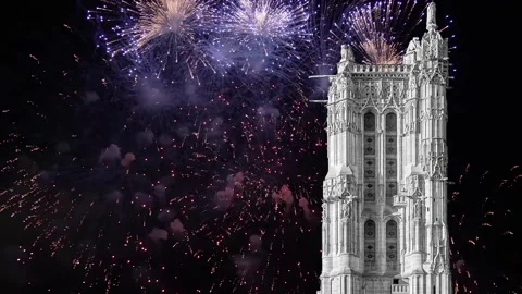 Fireworks over the Saint-Jacques Tower (Tour Saint-Jacques). Paris, France Stock Footage 252640474