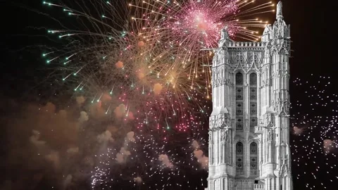 Fireworks over the Saint-Jacques Tower (Tour Saint-Jacques). Paris, France Stock Footage 252640499