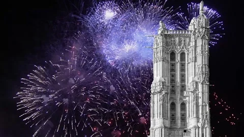 Fireworks over the Saint-Jacques Tower (Tour Saint-Jacques). Paris, France Stock Footage 252640527