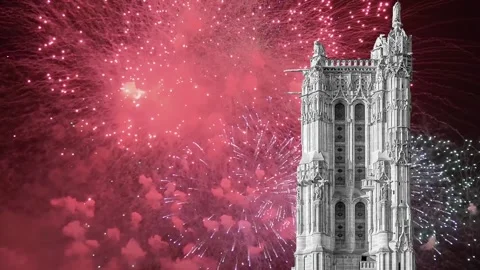 Fireworks over the Saint-Jacques Tower (Tour Saint-Jacques). Paris, France Stock Footage 252640544