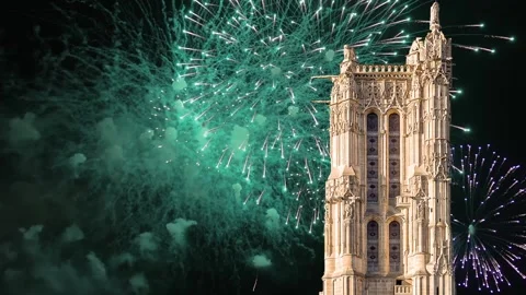 Fireworks over the Saint-Jacques Tower (Tour Saint-Jacques). Paris, France Stock Footage 252640548