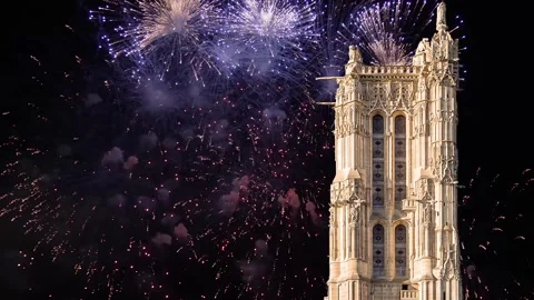 Fireworks over the Saint-Jacques Tower (Tour Saint-Jacques). Paris, France Stock Footage 252640559