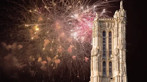 Fireworks over the Saint-Jacques Tower (Tour Saint-Jacques). Paris, France Stock Footage 252640593