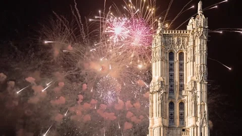 Fireworks over the Saint-Jacques Tower (Tour Saint-Jacques). Paris, France Stock Footage 252640611
