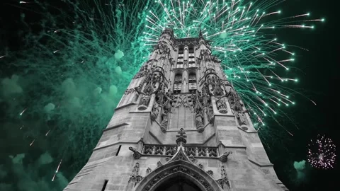 Fireworks over the Saint-Jacques Tower (Tour Saint-Jacques). Paris, France Stock Footage 253638423