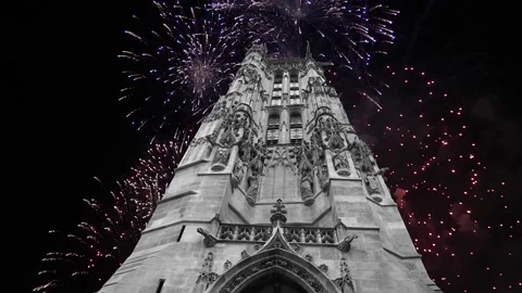 Fireworks over the Saint-Jacques Tower (Tour Saint-Jacques). Paris, France Stock Footage 253638425