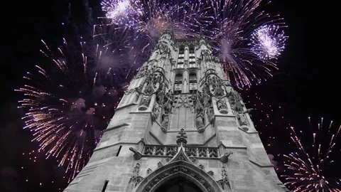 Fireworks over the Saint-Jacques Tower (Tour Saint-Jacques). Paris, France Stock Footage 253638428