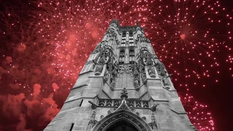 Fireworks over the Saint-Jacques Tower (Tour Saint-Jacques). Paris, France Stock Footage 253638430