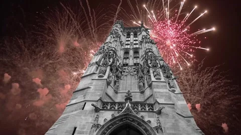 Fireworks over the Saint-Jacques Tower (Tour Saint-Jacques). Paris, France Stock Footage 253638448