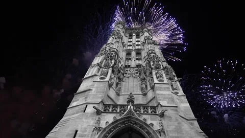 Fireworks over the Saint-Jacques Tower (Tour Saint-Jacques). Paris, France Stock Footage 253638468