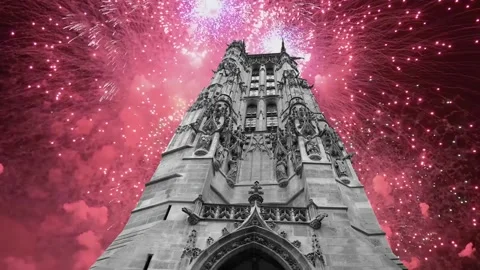 Fireworks over the Saint-Jacques Tower (Tour Saint-Jacques). Paris, France Stock Footage 253638474