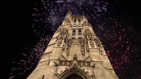 Fireworks over the Saint-Jacques Tower (Tour Saint-Jacques). Paris, France Stock Footage 253638481