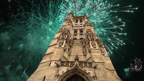 Fireworks over the Saint-Jacques Tower (Tour Saint-Jacques). Paris, France Stock Footage 253638488