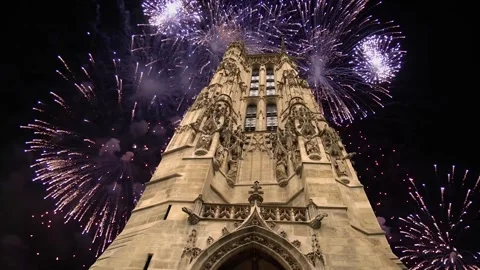Fireworks over the Saint-Jacques Tower (Tour Saint-Jacques). Paris, France Stock Footage 253638489