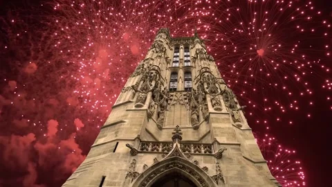 Fireworks over the Saint-Jacques Tower (Tour Saint-Jacques). Paris, France Stock Footage 253638494