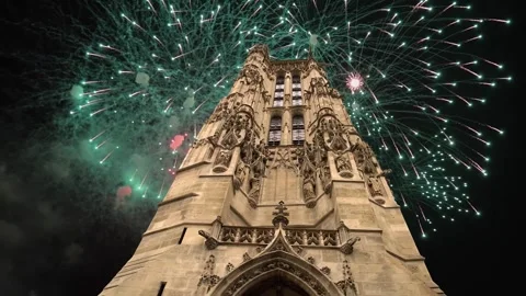 Fireworks over the Saint-Jacques Tower (Tour Saint-Jacques). Paris, France Stock Footage 253638495