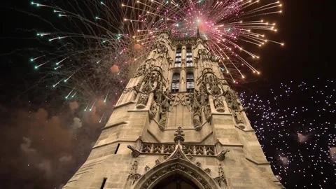 Fireworks over the Saint-Jacques Tower (Tour Saint-Jacques). Paris, France Stock Footage 253638498