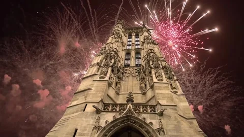 Fireworks over the Saint-Jacques Tower (Tour Saint-Jacques). Paris, France Stock Footage 253638509