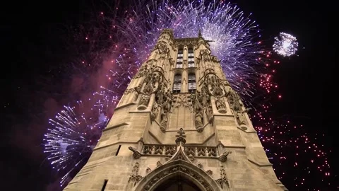 Fireworks over the Saint-Jacques Tower (Tour Saint-Jacques). Paris, France Stock Footage 253638517