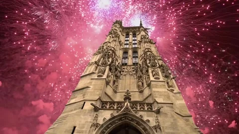 Fireworks over the Saint-Jacques Tower (Tour Saint-Jacques). Paris, France Stock Footage 253638524