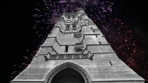 Fireworks over the Saint-Jacques Tower (Tour Saint-Jacques). Paris, France Stock Footage 253638525