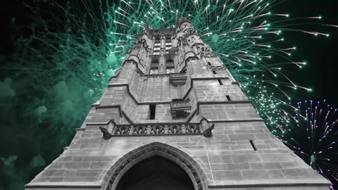 Fireworks over the Saint-Jacques Tower (Tour Saint-Jacques). Paris, France Stock Footage 253638528
