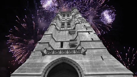 Fireworks over the Saint-Jacques Tower (Tour Saint-Jacques). Paris, France Stock Footage 253638529