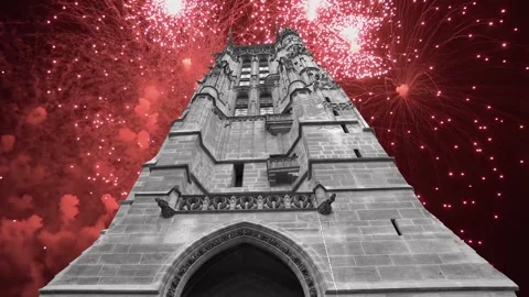 Fireworks over the Saint-Jacques Tower (Tour Saint-Jacques). Paris, France Stock Footage 253638531