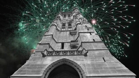 Fireworks over the Saint-Jacques Tower (Tour Saint-Jacques). Paris, France Stock Footage 253638534