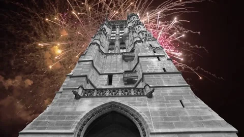 Fireworks over the Saint-Jacques Tower (Tour Saint-Jacques). Paris, France Stock Footage 253638539