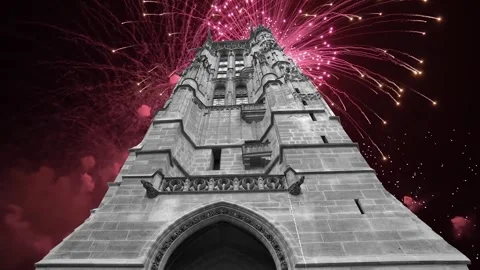 Fireworks over the Saint-Jacques Tower (Tour Saint-Jacques). Paris, France Stock Footage 253638540