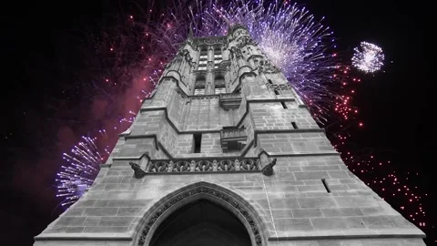 Fireworks over the Saint-Jacques Tower (Tour Saint-Jacques). Paris, France Stock Footage 253638564