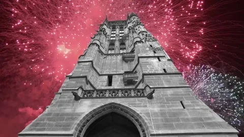 Fireworks over the Saint-Jacques Tower (Tour Saint-Jacques). Paris, France Stock Footage 253638565