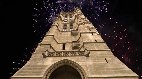 Fireworks over the Saint-Jacques Tower (Tour Saint-Jacques). Paris, France Stock Footage 253638568