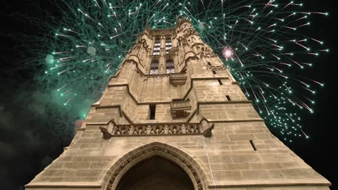 Fireworks over the Saint-Jacques Tower (Tour Saint-Jacques). Paris, France Stock Footage 253638579