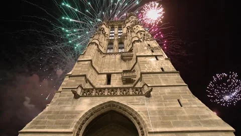 Fireworks over the Saint-Jacques Tower (Tour Saint-Jacques). Paris, France Stock Footage 253638583