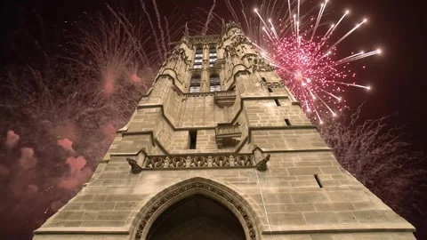 Fireworks over the Saint-Jacques Tower (Tour Saint-Jacques). Paris, France Stock Footage 253638586