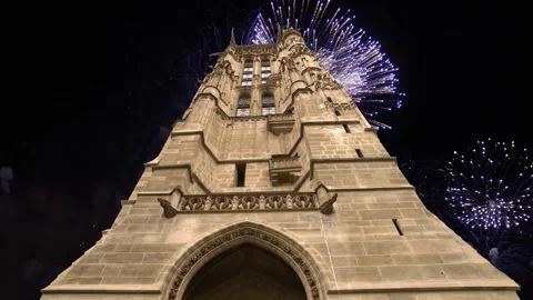 Fireworks over the Saint-Jacques Tower (Tour Saint-Jacques). Paris, France Stock Footage 253638588